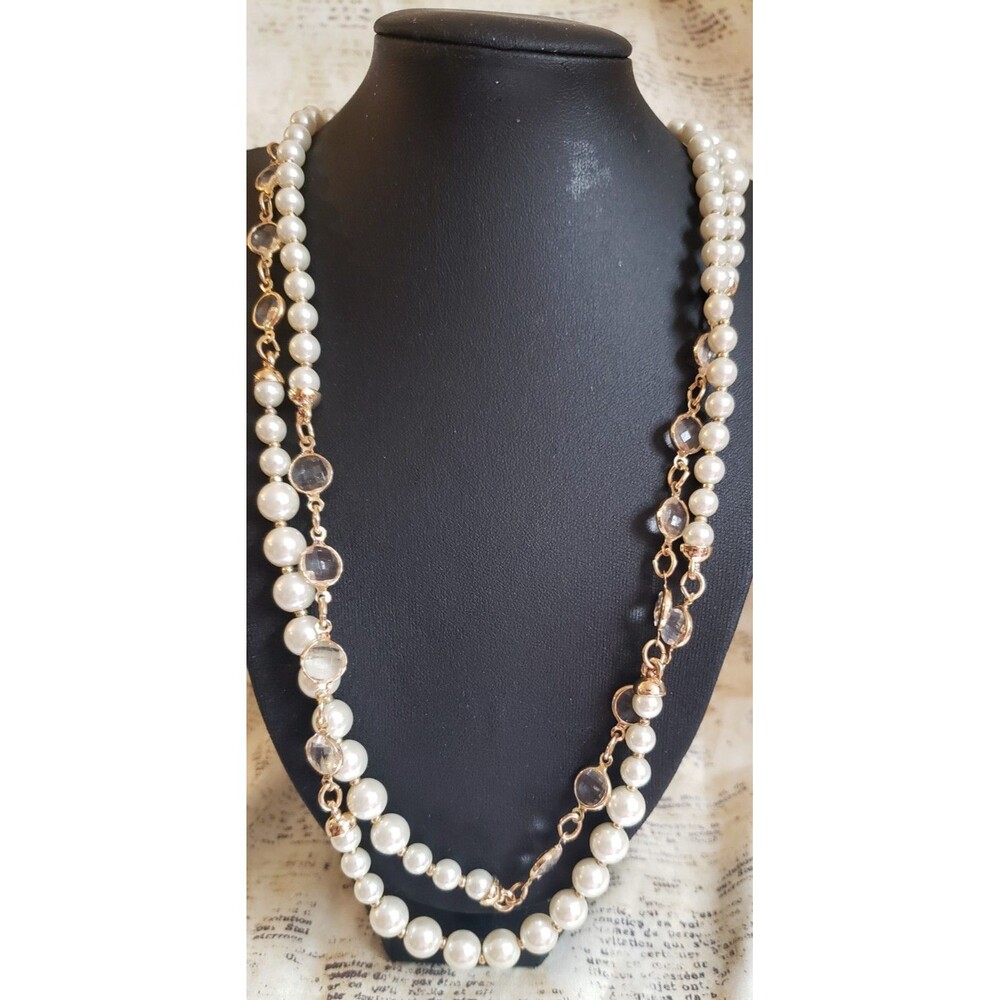 Anne Klein - Long Single Strand Faux Pearl and Clear Bead Necklace - Elegant